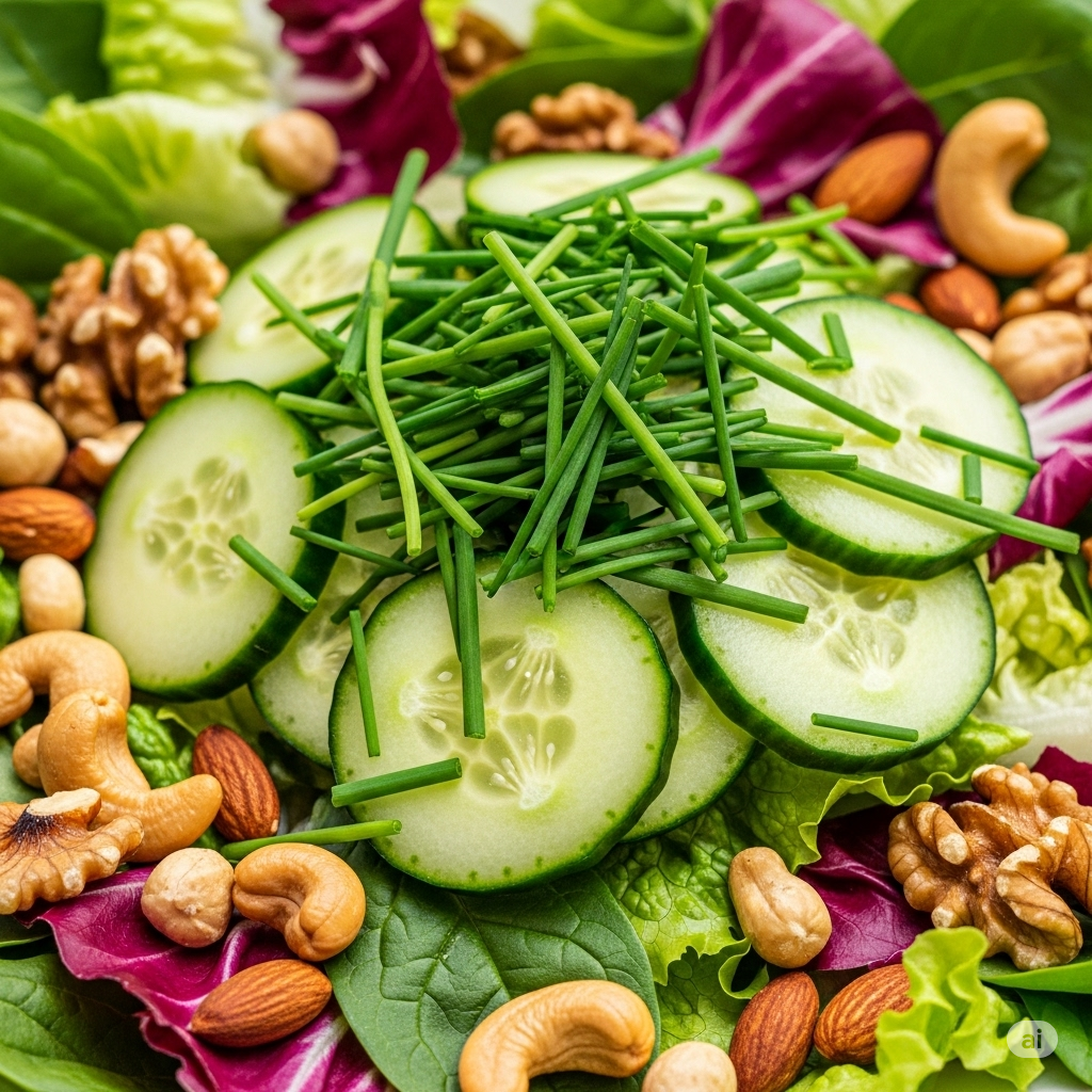 Morgenmad og frokost symboliseret ved en masse agurkeskiver på bund af spæde salater. drysset med ristede nødder og purløg