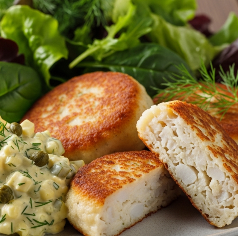 Morgenmad og frokost symboliseret ved fiskefrikadeller, hvor den ene er skåret over. Grov remoulade og salat.