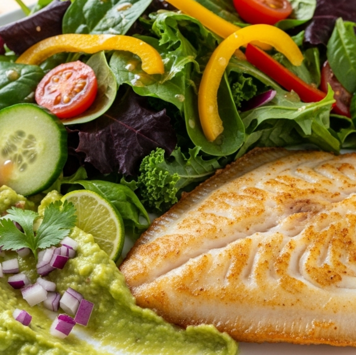 Morgenmad og frokost symboliseret ved stegt rødspætte og guacamole og salat.