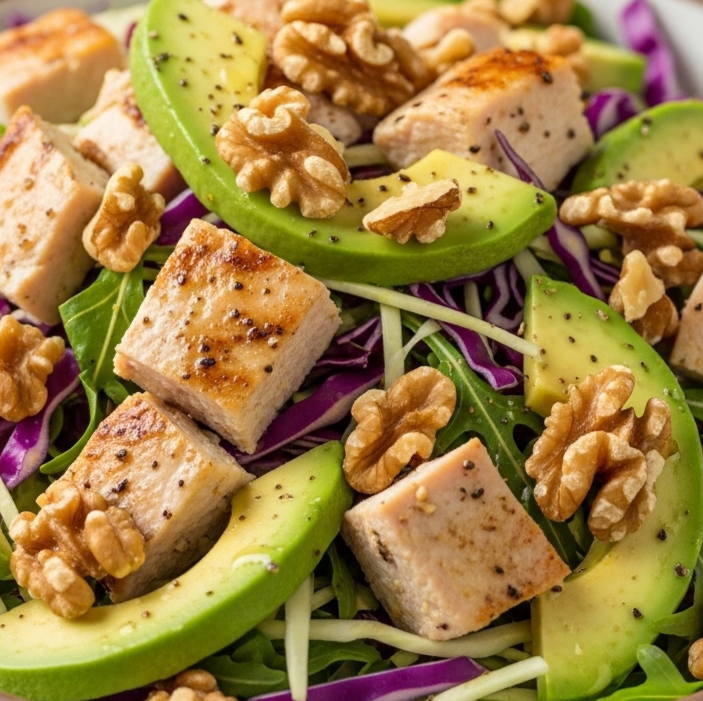 Morgenmad og frokost symboliseret ved salat med valnødder, avocado og kyllingtern.