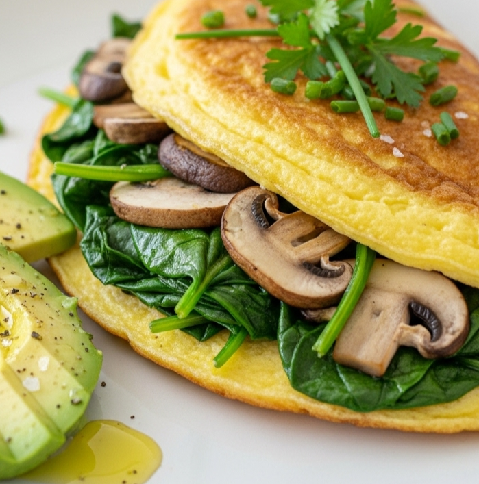 Morgenmad og frokost symboliseret ved en omelet med champignons, avocado og salat.