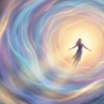 Nærdødsoplevelse symboliseret ved en lystunnel og et menneskelignende væsen der bevæger sig imod lyset.