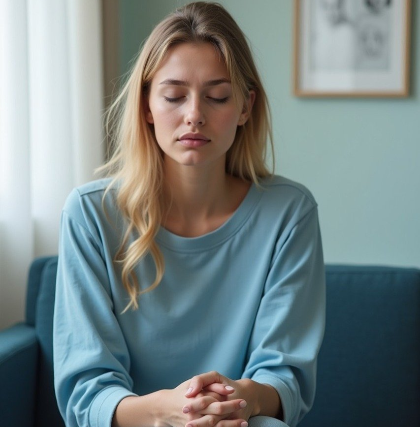 Praktiske råd for kræftramte symboliseret ved kvinde i lys blå bluse og langs lyst hår, sidder og ser ud til at være syg.