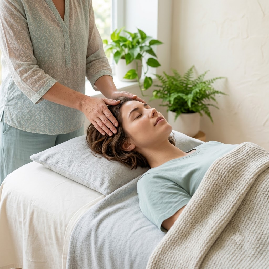 Reiki healing symboliseret ved en kvinde der ligger på en briks og bliver healet fra hovedet.