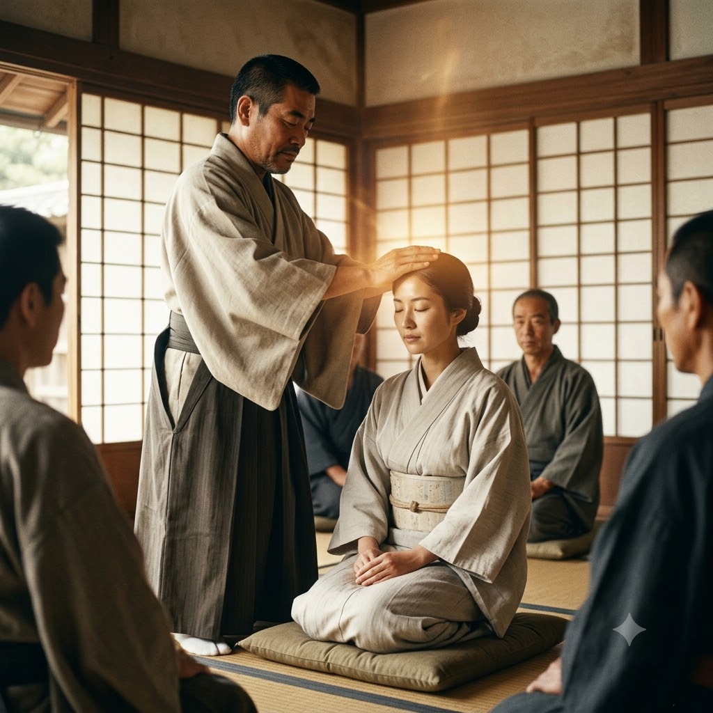 Reiki healing symboliseret ved en asiatisk mester der healer på en kvinde, mens andre disciple sidder ved siden af.
