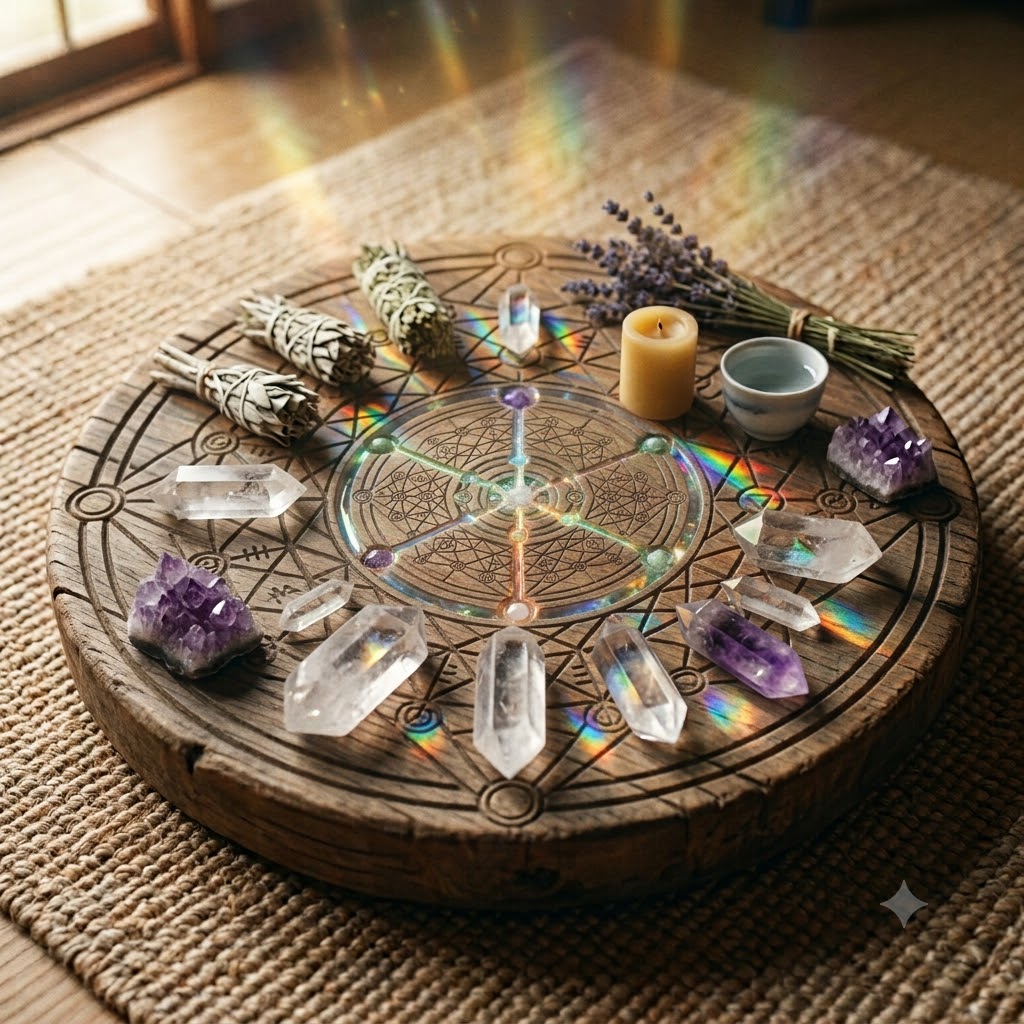 Reiki healing symboliseret ved en træskive med krystaller og tegn.