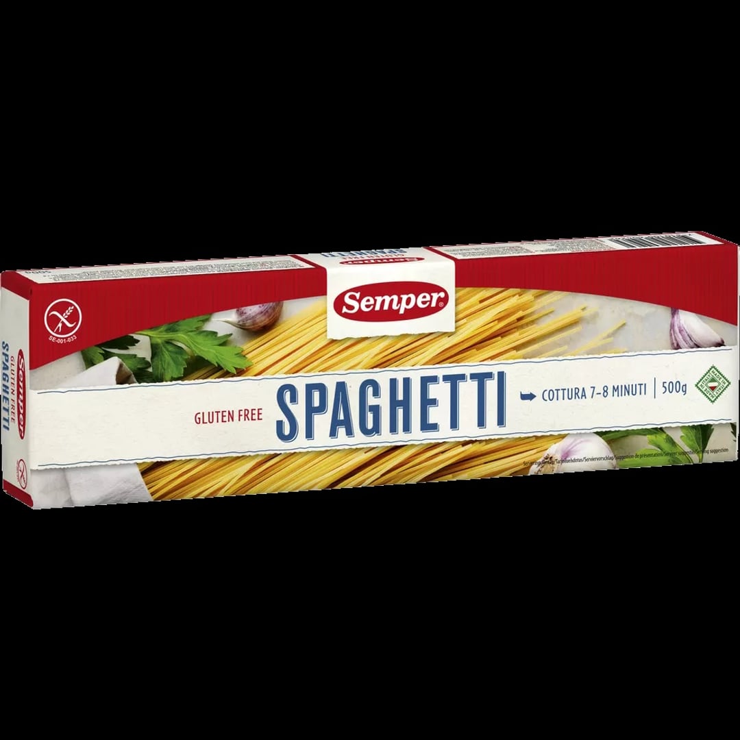 En pappakke i røde og hvide toner, med påskriften Spaghetti, Semper.