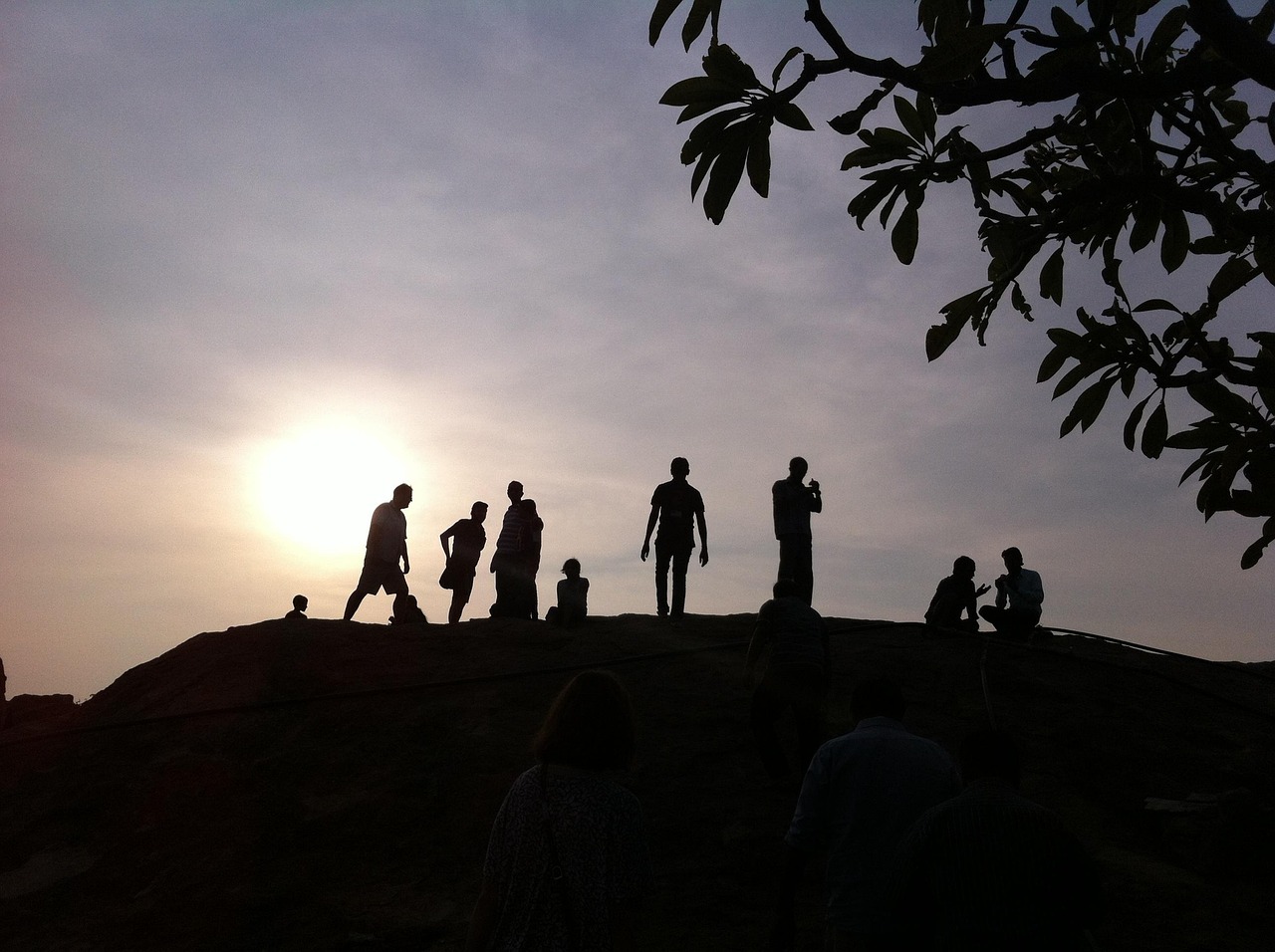 Sociale relationer symboliseret ved en gruppe mennesker i silhuet mod en grå himmel med solnedgang - eller solopgang. Der ses del af et træ i højre side.