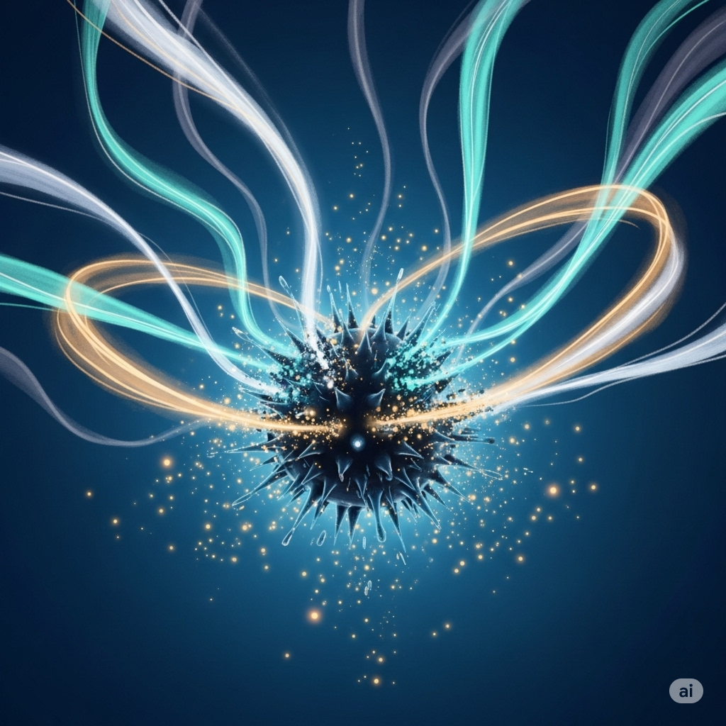 Strålebehandling symboliseret ved en celle der flyder rundt i et blåt univers. Der udgår strålebånd i rosa og blå omkring denne.