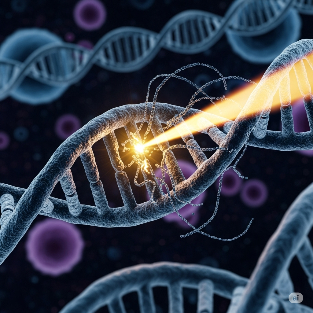 Strålebehandling symboliseret ved en stråle i gyldent lys der rettes mod en DNA-streng. Der er flere omkring denne og desuden lilla runde celler. Sort baggrund.
