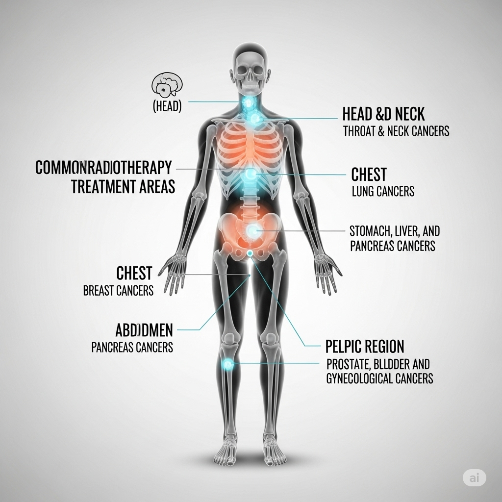 Strålebehandling symboliseret ved en planche af et menneske, hvor de områder der hyppigst bestråles er angivet med rød farve. Få tekster omkring tegningen. Grå baggrund.