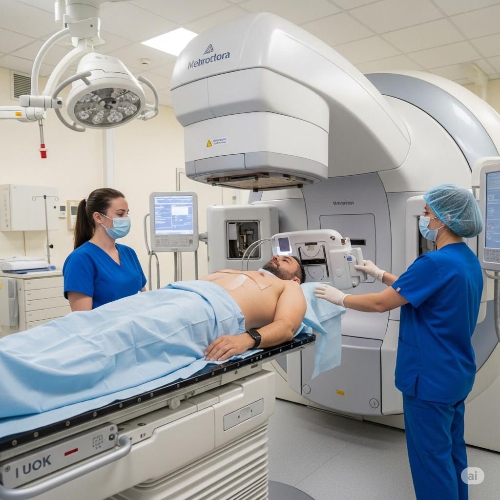 Strålebehandling symboliseret ved en mand med bar overkrop, der ligger på et leje. Der er strålingsapparatur over og ved siden af ham. To kvinder i blå dragter står ved siden af ham og gør ham klar.