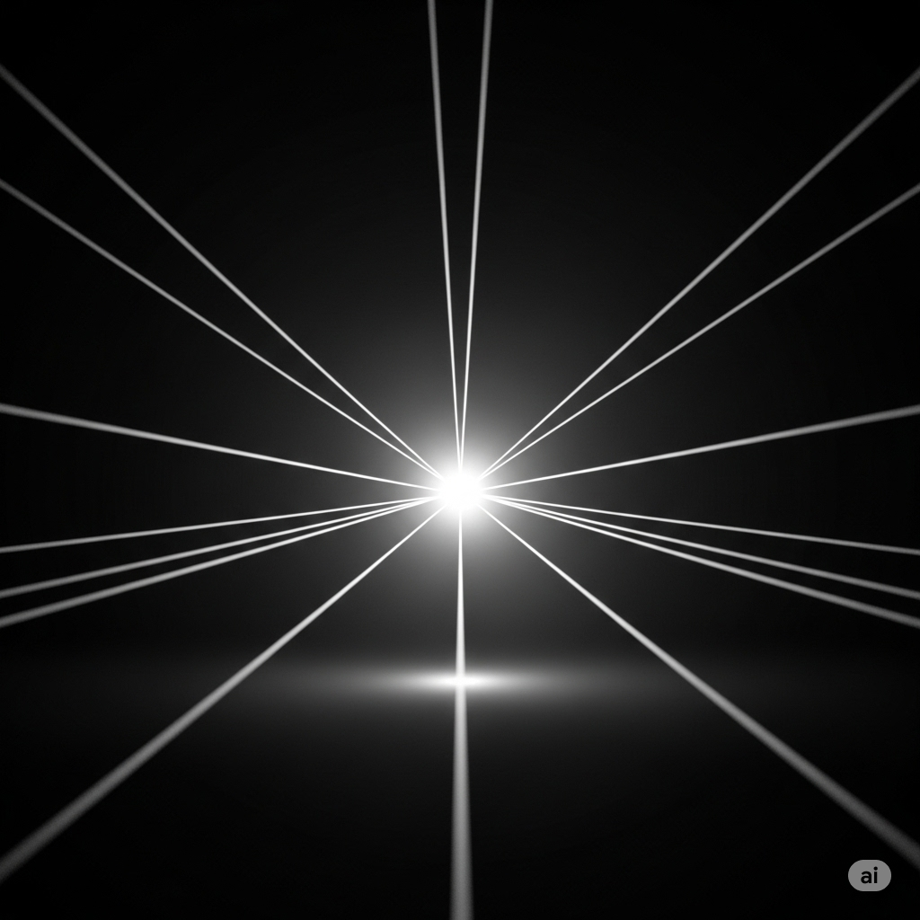 Strålebehandling symboliseret ved nogle hvide stråler ud fra en lyskilde i midten. Sort baggrund.