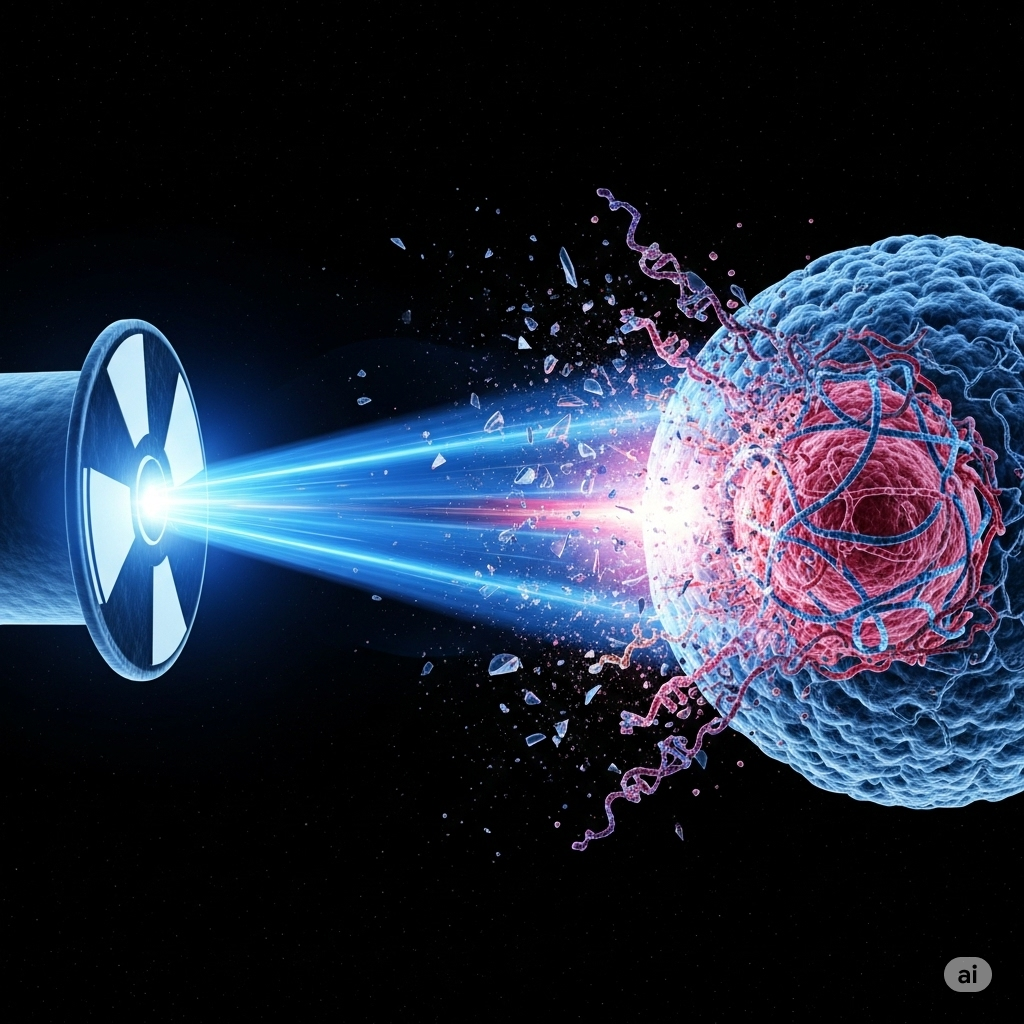 Strålebehandling symboliseret ved en strålekilde i venstre side og en lyskegle der kommer ud mod en blå og rosa celleagtig kugle. Sort baggrund.