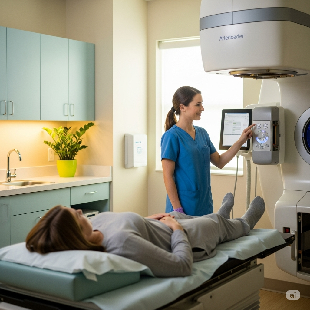 Strålebehandling symboliseret ved et behandlingsrum med maskiner. En kvinde på et leje og en i kittel der betjener en skærm.