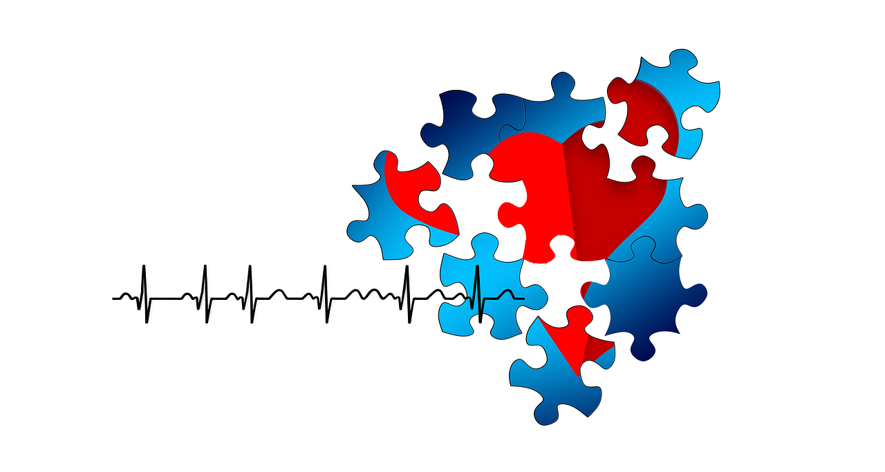 Stress symboliseret ved ekg, der ender i et puslespil der er åbent. Hvid baggrund.