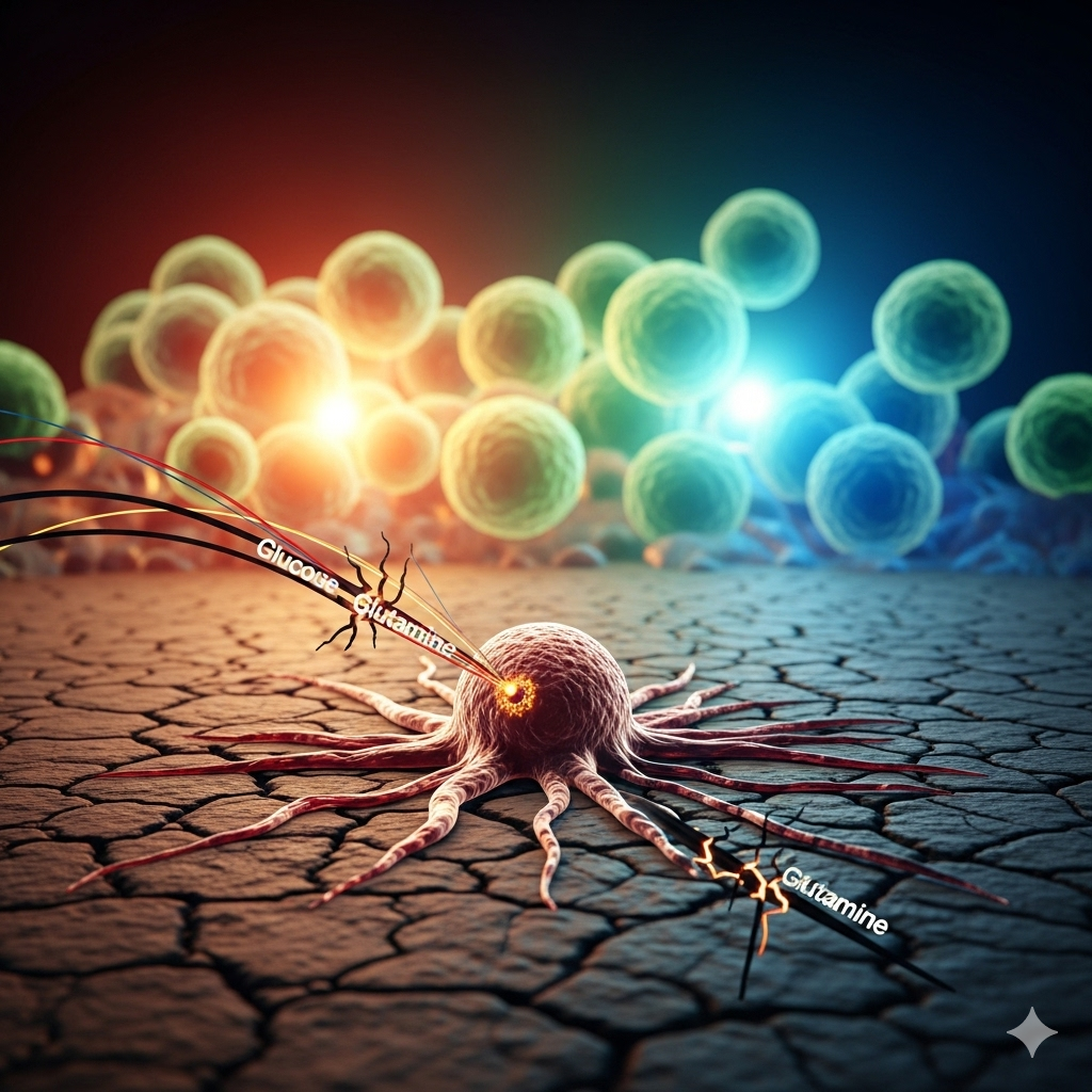 Kost der sulter kræften symboliseret ved en kræftceller der er på udtørret landskab. Nogle blå og rosa celler buldrer imod den.