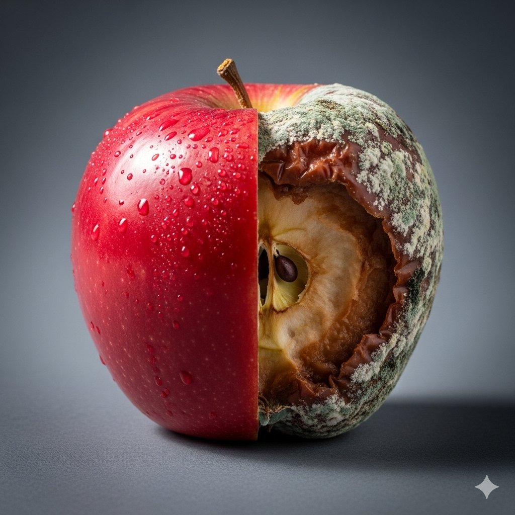 Kost der sulter kræften symboliseret ved et æble der er fjernet 1/4 og den anden 1/4 er rådnet. Resten er sundt.