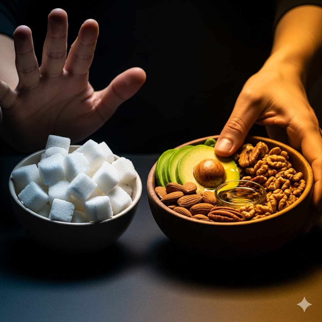 Kost der sulter kræften symboliseret ved en skål med sukkerknalder der afvises af en hånd og en skål med nødder, avocado og en lille bitte skål olie, der vælges til.