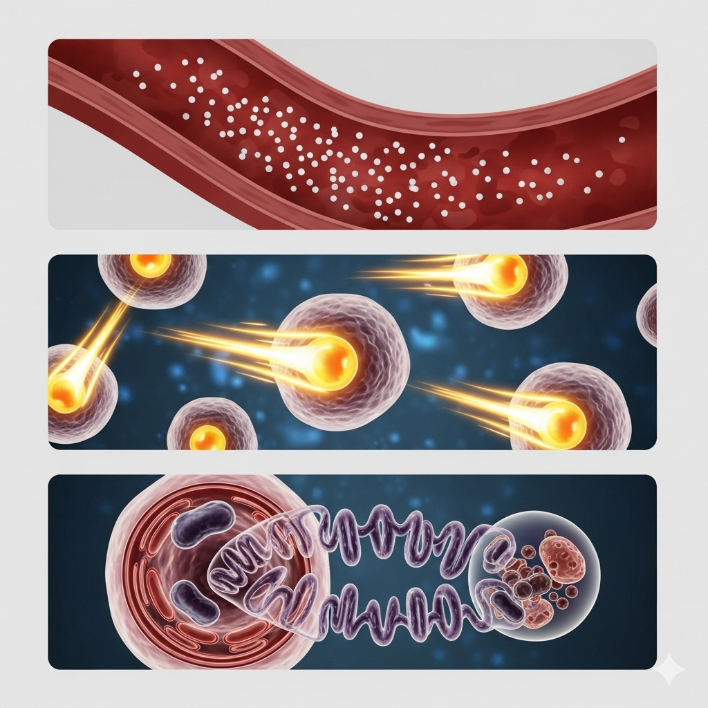 Kost der sulter kræften symboliseret ved ved 3 forskellige tegninger vandret delt. den øverste en rød tarm-tegning. Midt er nogle celler med ildhaler. Nederst to celler med oval genagtig forbindelse.