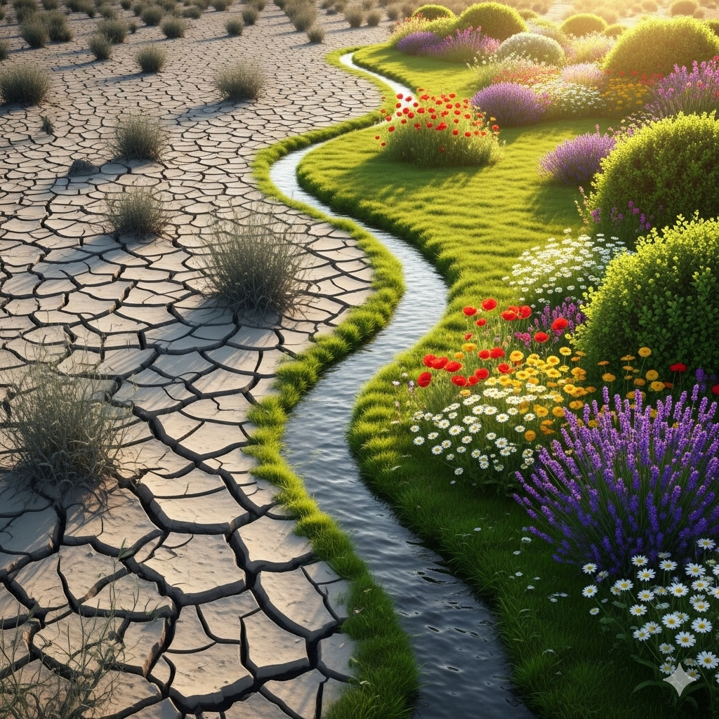 Kost der sulter kræften symboliseret ved et landskab med en å i midten. Udtørret land til venstre og blomster og eng til højre.