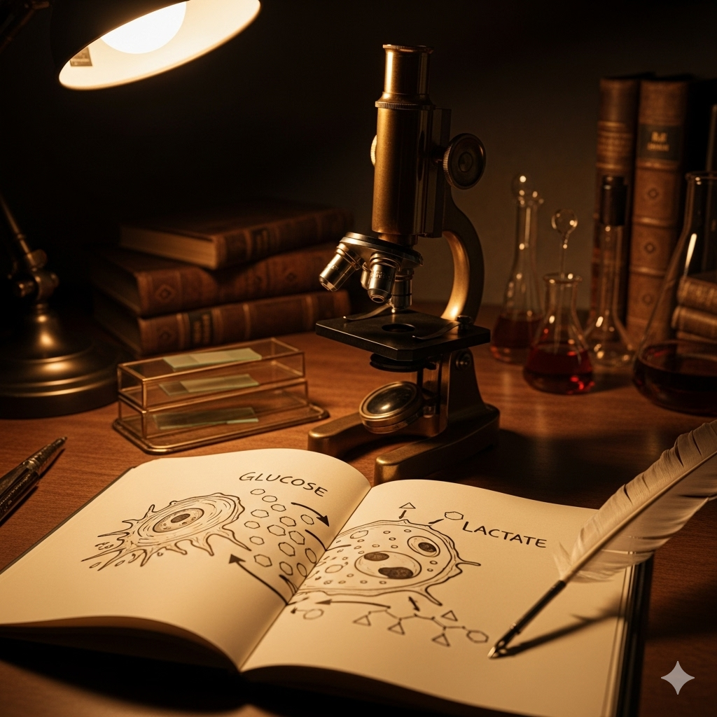 Kost der sulter kræften symboliseret ved en bog og et gammeldags mikroskop.