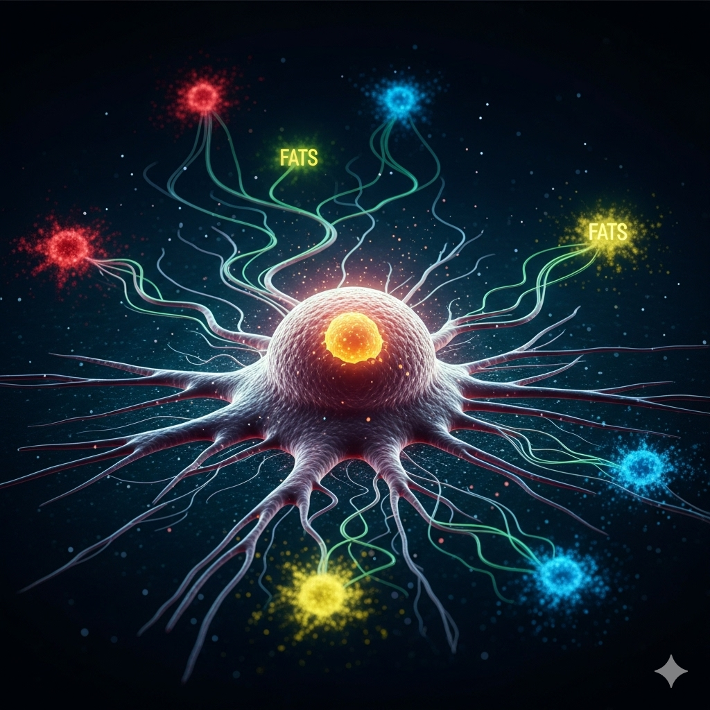 Kost der sulter kræften symboliseret ved en celle med lysende forbindelse til forskellige blokeringer.