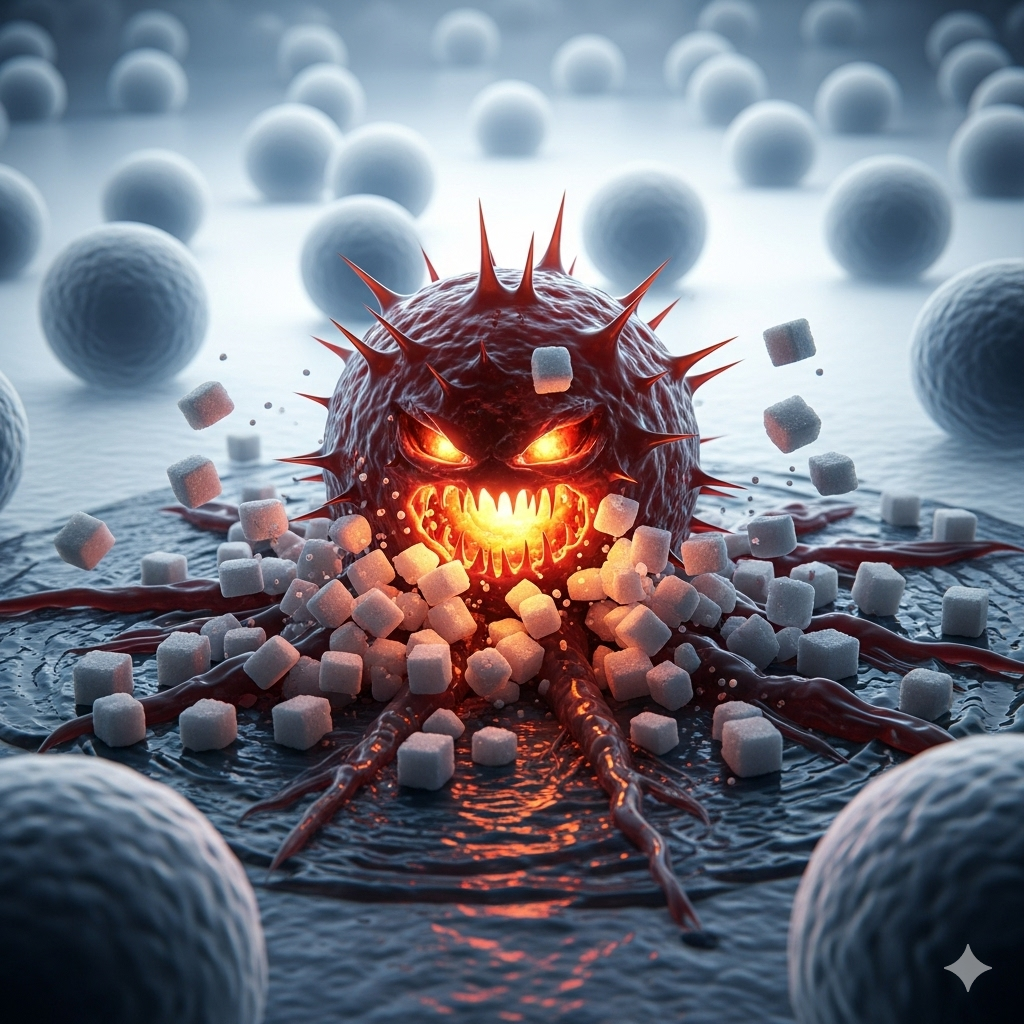 Kost der sulter kræften symboliseret ved nogle kræftceller der ser ud til at blive frosset ud. Og en i midten, der er glødende.