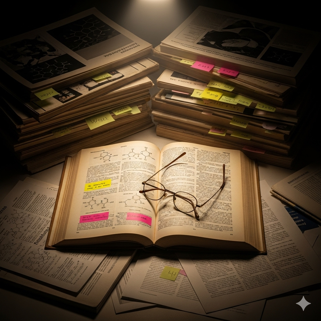 Kost der sulter kræften symboliseret ved en række bøger der er opslået som ved grundig research.