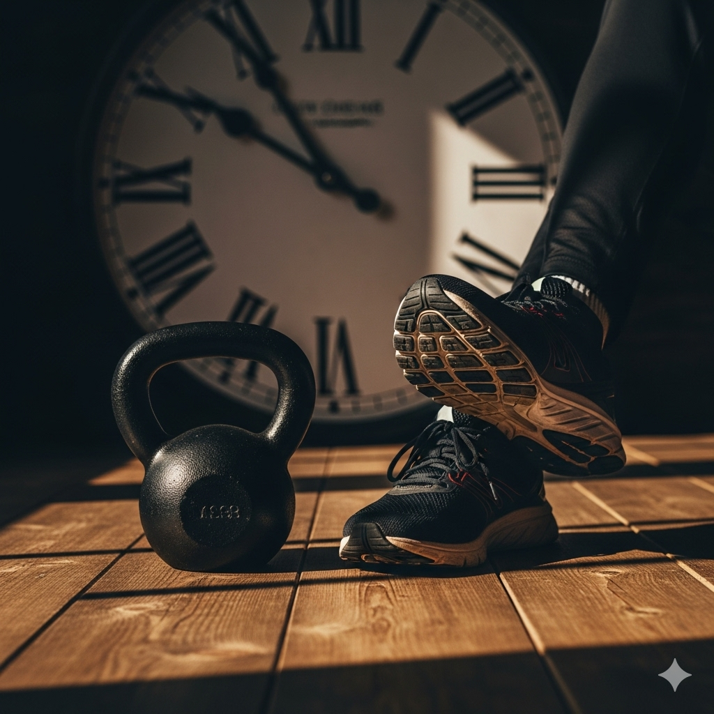 Kost der sulter kræften symboliseret ved et stort ur med visere, et sæt løbesko og en håndvægt.