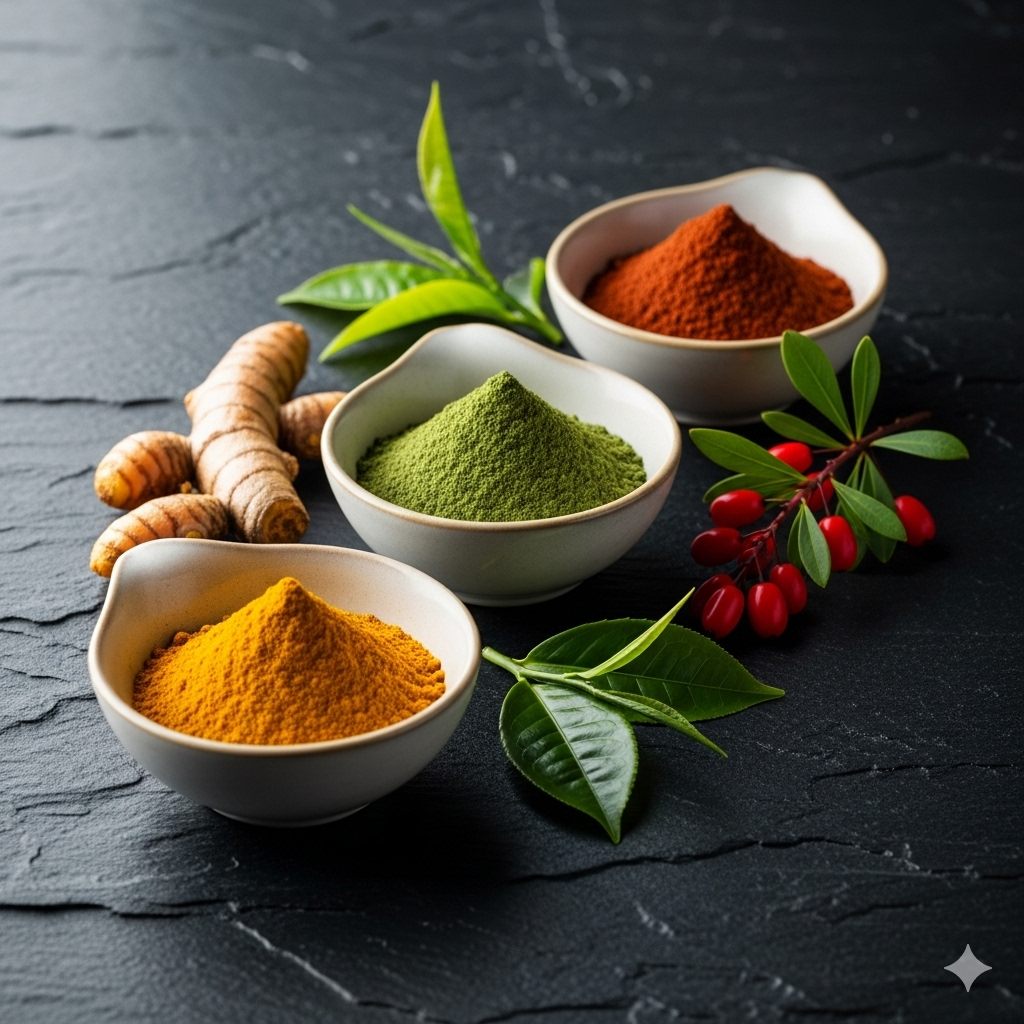 Kost der sulter kræften symboliseret ved 3 hvide skåle med farvet pulver. Orange, grønt og rødt. Bag dem ligger en ingefær eller gurkemejerod.