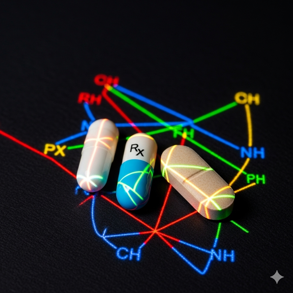 Kost der sulter kræften symboliseret ved medicin med lysende symbolske blokeringer tegnet ind over.