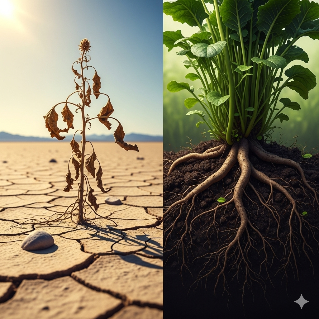 Kost der sulter kræften symboliseret ved en vissen plante der står på ørkenjord og en anden der trives fint og har dybe rødder.