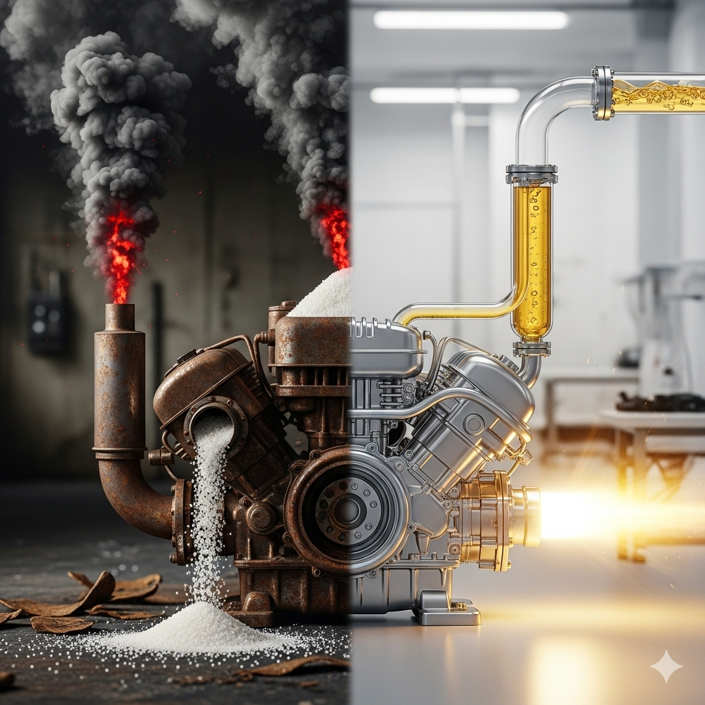 Kost der sulter kræften symboliseret ved en dampmaskine og noget fra et nyere laboratorie.