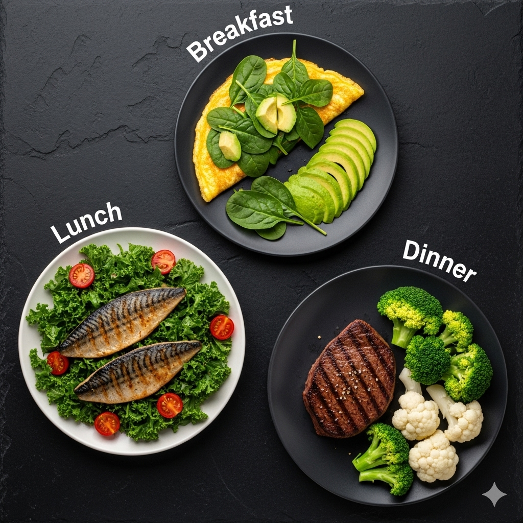 Kost der sulter kræften symboliseret ved 3 tallerkener en for hvert måltid. Der er æg, avocado og agurk til morgen, sild, grøn salat og tomater til frokost og bøf, agurk og blomkål og broccoli til aften.