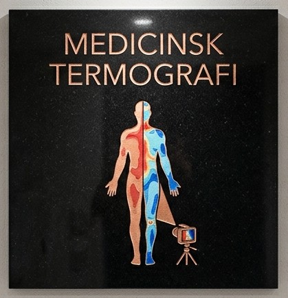 Termografi symboliseret ved forsiden af en fiktiv bog om termografi med tekst og billede af et menneske med lodret deling af temperaturer.