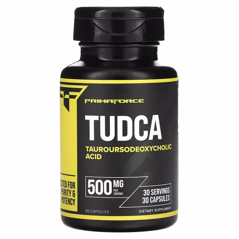 TUDCA symboliseret ved sort pilleglas fra PrimaForce med påskriften TUDCA.
