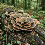 Turkey tail symboliseret ved svampen på en træstamme.