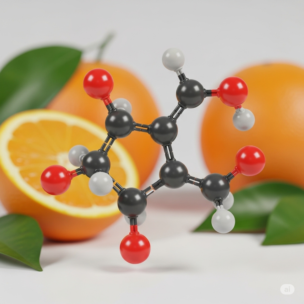 Vitamin-C oralt symboliseret ved nogle appelsiner, den ene overskåret og med molekylegitter foran.