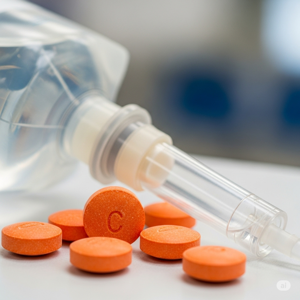 Vitamin-C oralt symboliseret ved en dråbetæller og nogle orange tabletter.