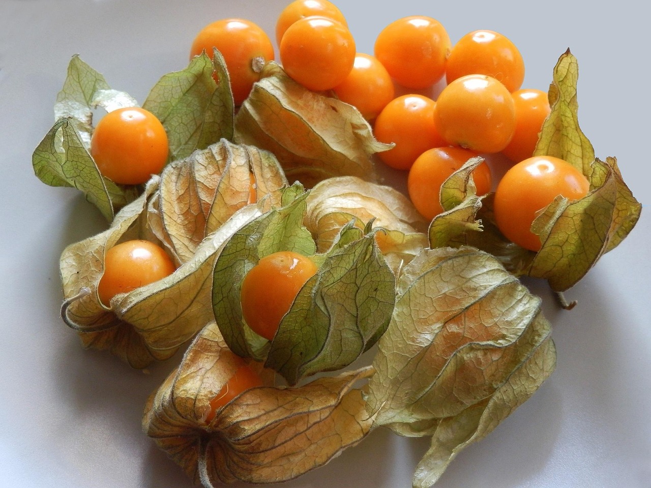 Vitamin-C oralt symboliseret ved nogle japanske kirsebærfrugter. nogle med skal.