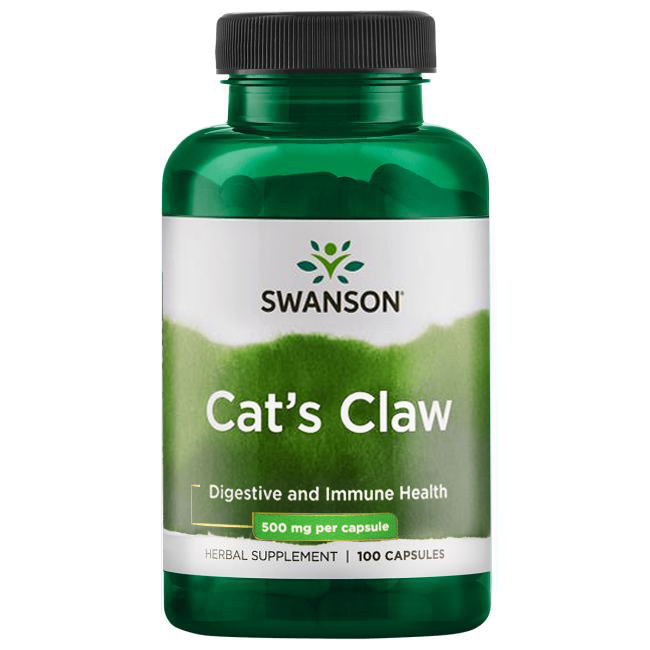 Cats Claw eller Tormentosa symboliseret ved grønt pilleglas fra Swanson med påskriften Digestive and immune health.