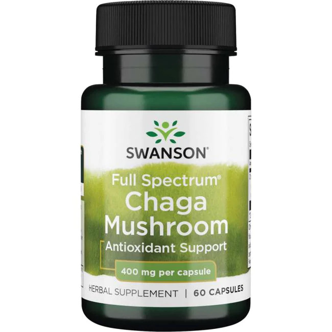 Chaga medicinsk svamp symboliseret ved grønt pilleglas fra Swanson med påskriften Chaga Mushroom, Antioxidant support.