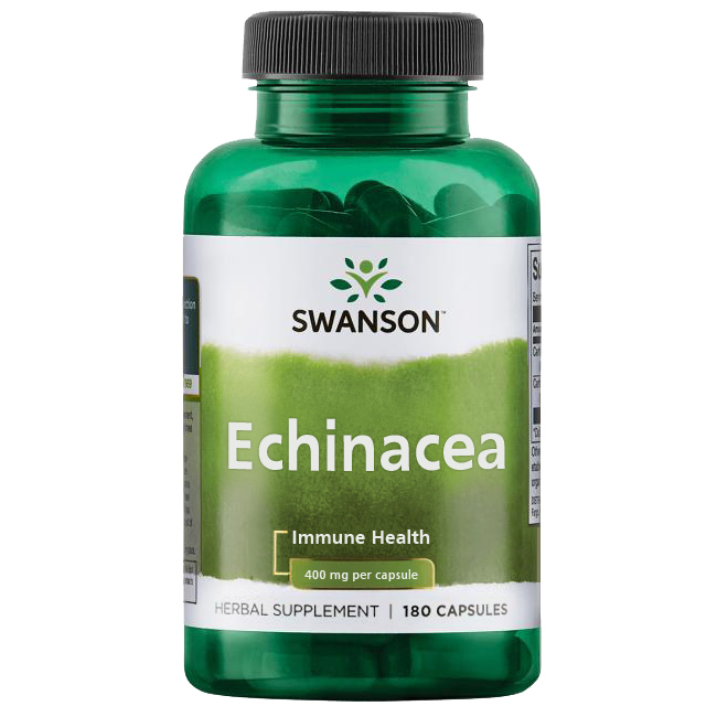 Echinacea symboliseret ved grønt pilleglas fra swanson med påskriften Echinacea, Immune health.