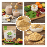 Maca illustreret ved 4 fotos af maca-pulver, maca i pose, fødevarer med indholdet og et med glas med juice, der må formodes at indeholde roden.
