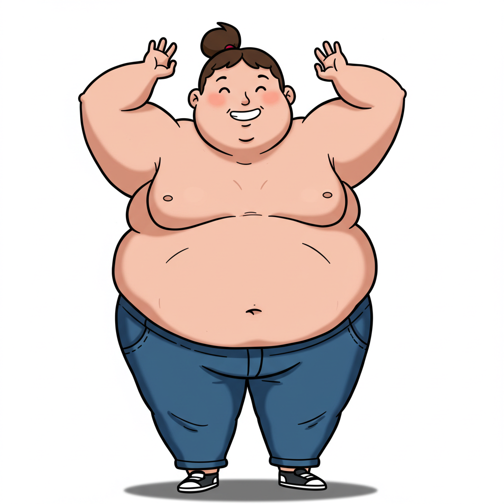 Overvægt vist ved tegning af overvægtig kvinde med bar overkrop og blå bukser.