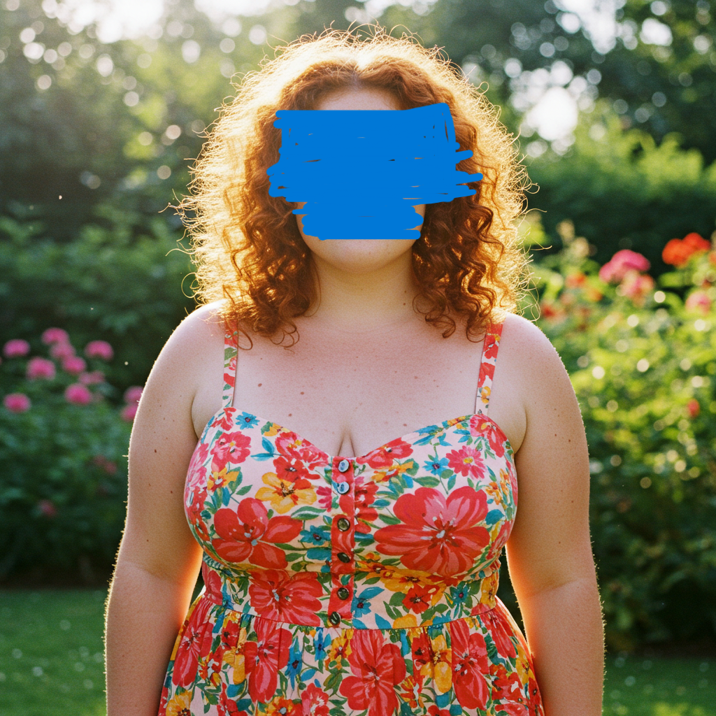 Overvægt illustreret ved kvindeoverkrop i rødblomstret kjole med grønne planter som baggrund.