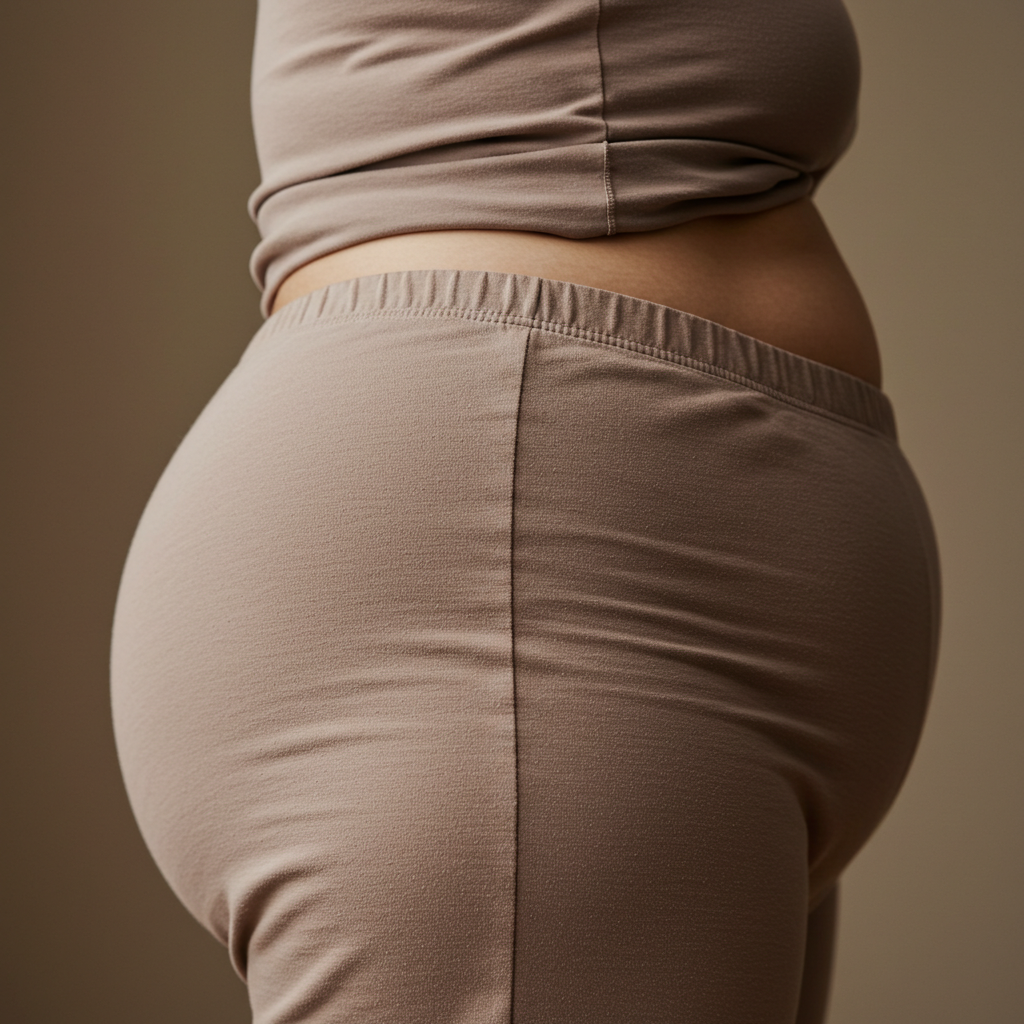 Overvægt vist ved underste del af torso fra kvinde, der er godt i stand. hun har lysbrunt tætsiddende tøj på.