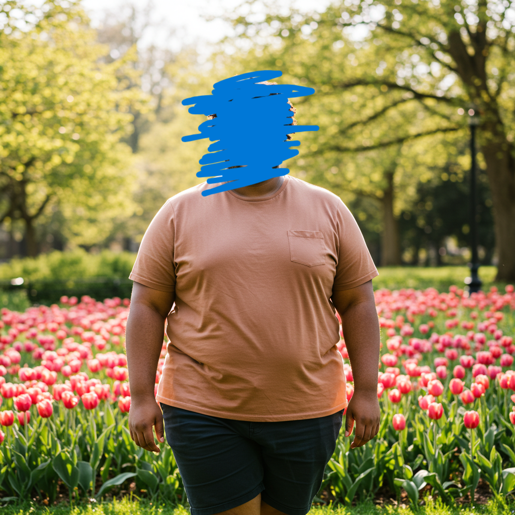 Overvægt vist ved buttet mand i brun t-shirt og mørkeblå shorts. Baggrunden er en tulipanmark.