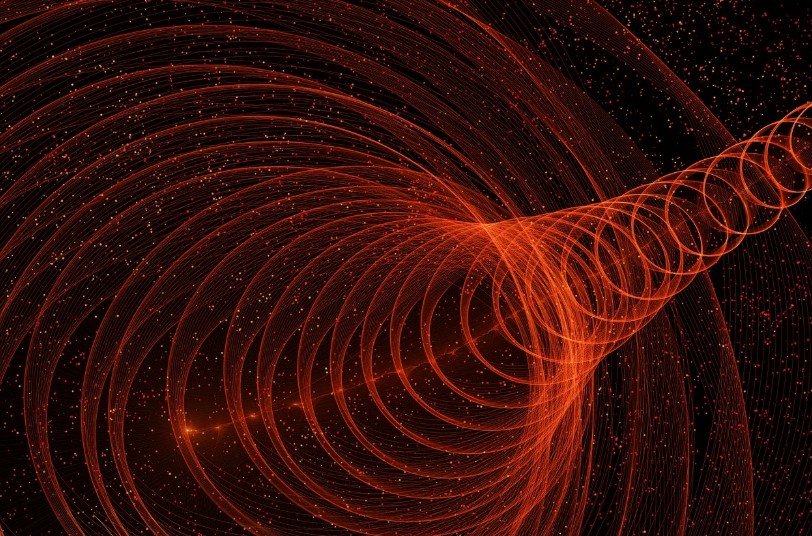Radioni, kvantefysik symboliseret ved en sart orangerød lysspiral på sort baggrund.